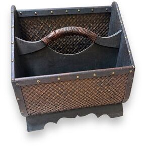 Magazine Stand Dark Solid Wood Woven Brass Studs 2002 Carved Western Vintage